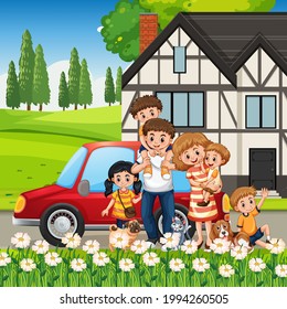 Happy family standing outside home with a car illustration