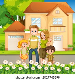 Happy family standing outside home illustration