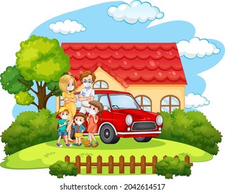 Happy family standing outside home with a car isolated illustration