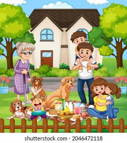 Happy family standing outside home with their pets illustration
