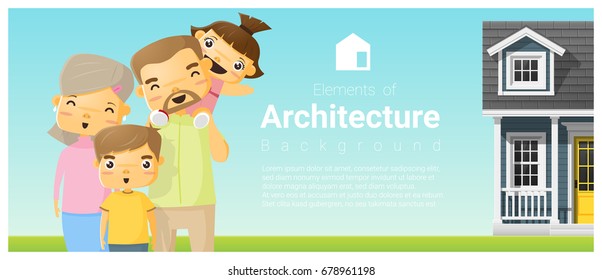 Happy family standing outside their house background , vector , illustration