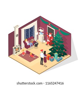Happy family standing in room and greeting Santa Claus with bag full of gifts. Christmas tree standing with decoration in the corner. Isolated vector isometric illustration