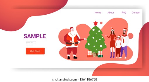 happy family standing with santa claus near fir tree merry christmas happy new year holiday celebration concept greeting card horizontal full length copy space vector illustration