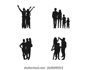 Happy Family Standing silhouette. A set of vector silhouettes of a family, men, women, a teenager, and children standing.