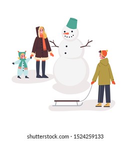 Happy family standing at the snowman on the street. People have fun. Winter activity. Isolated vector illustration in cartoon style
