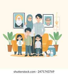 Happy family standing together flat vector illustration. mom, dad, children, . Smiling cartoon characters gathering in group.