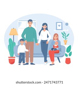 Happy family standing together flat vector illustration. mom, dad, children, . Smiling cartoon characters gathering in group.