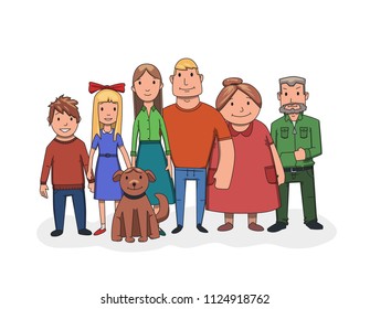 Happy family standing together, front view. Grandfather, grandmother, father, mother, kids and dog. Flat vector illustration. Isolated on white background