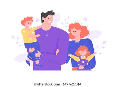 Happy family is standing together. Hug and smile. Joyful people: dad, mom and two children. Vector illustration.