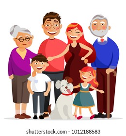 Happy family standing together hugging, smiling. Mother, father, daughter and son and granny and grandfather. Family with the dog vector flat illustration isolated on white background
