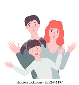 Happy Family Standing Together. Mother, Father And Child Waving Hand. Stock Vector Flat Cartoon Illustration Isolated On White Background. 