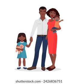 Happy family standing together, mother holding newborn baby in arms, father with daughter vector illustration