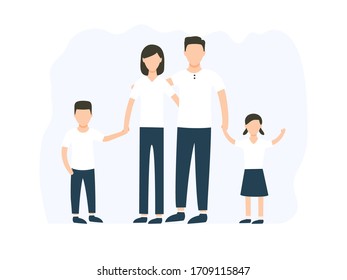 Happy family standing together vector stock illustration isolated on white background. Mother, father and children characters in group.