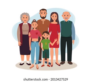 La familia feliz se mantiene unida. Imagen vectorial de abuelos, padres e hijos sonrientes. Abuela, abuelo, papá, mamá, hijo, hija. Estilo de la caricatura