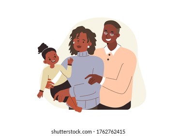 
Happy Family Standing Together. Woman Holding Baby, Man Hugging them. People Characters Mother, Father and KidFamily Portrait. Parenting concept. Flat Cartoon Vector Illustration.