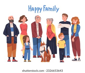 Happy Family Standing Together with Young and Old Generation with Kids Vector Illustration