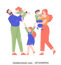 Happy family stands together on a white background. Father, mother, two daughters and a son. Brother and sisters. Vector flat illustration.