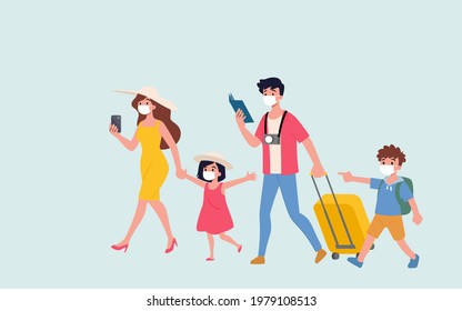 The happy family start to travel around the world with wearing masks to protect themselves from the Corona, Covid-19 virus. A new beginning of tourism in the new normal era.