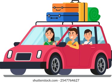 Happy family starts a car journey with luggage on the roof, enjoying the scenic views and creating memories on a summer road trip adventure