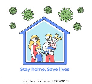 Happy family staying at home during coronavirus outbreak. Parents and children in house surrounded by coronavirus. Vector illustration for isolation, quarantine, prevention measures concept
