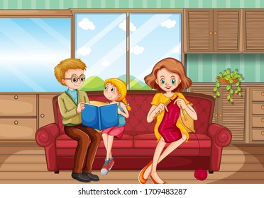 Happy family staying at home illustration