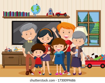 Happy family staying together at home illustration
