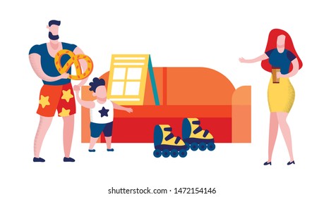 Happy Family in Store Buying Rolling Skates to Son, man Holding Little Boy Hand Eating Pretzel, Woman Drinking Coffee, Mother, Father Buy New Thing to Child on Weekend Cartoon Flat Vector Illustration