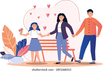 a happy family strolling the garden with her daughter, flat character