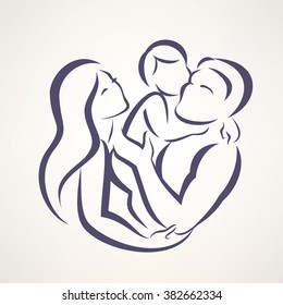 happy family stylized vector symbol, young parents and child