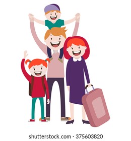 happy family , a family with a suitcase , the family goes on vacation , vector graphics