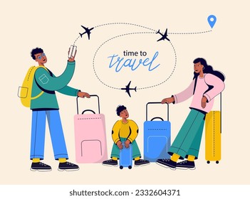 Happy Family with suitcases and backpacks travel together. Parents with son at the airport ready for vacation