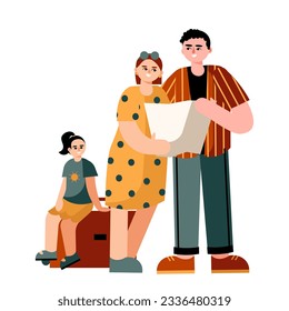 Happy family with suitcases and trolley bags standing with daughter, waiting for transport. Tourist traveling concept. Flat vector illustration in yellow colors