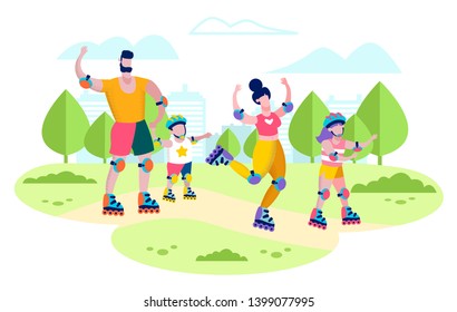 Happy Family Summer Active Leisure, Healthy Lifestyle and Outdoors Recreation Flat Vector Concept. Happy Father and Mother Having Fun, Rollerskating in City Park with Son and Daughter Illustration