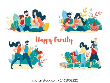 Happy Family Summer Activities Banner Set. Picnic, Walking and Running in City Park, Picnic, Leisure. Parents and Children Spend Time Together Outdoors at Summertime. Cartoon Flat Vector Illustration