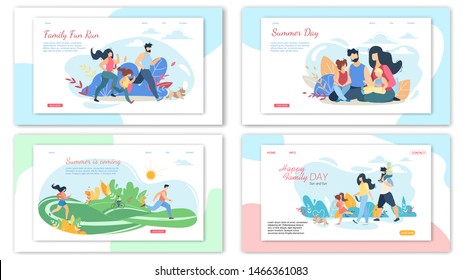 Happy Family Summer Activities Banner Set. Parents and Children Spend Time Together Outdoors at Summertime. Picnic, Walking and Running in City Park, Picnic, Leisure, Cartoon Flat Vector Illustration