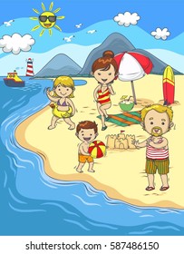 happy family summer holiday on the beach illustration doodle vector