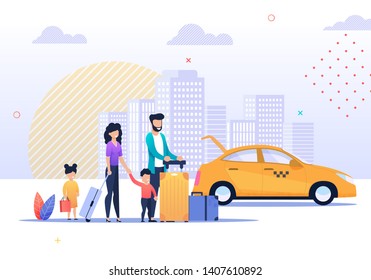 Happy Family Summer Trip and Taxi Service Illustration. Mother, Father, Son and Daughter Standing with Luggage on City Street. Parents Taking Car for Airport Transfer. Vector Travel Flat Cartoon