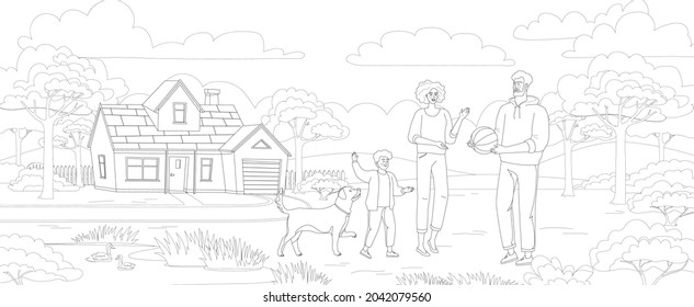 Happy family summer vacation in the countryside. Black and white coloring hand drawn illustration
