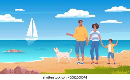 Happy family summer vacation. Cute father, mother, son and funny dog walking along a sea beach