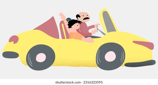 Happy Family Summer Vacation Illustration with Car. Father and children. Dad and son or daughter.