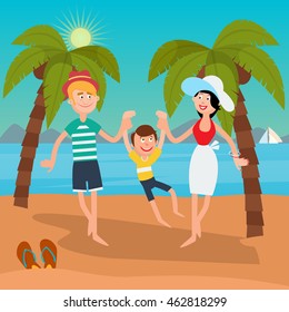 Happy Family Summer Vacation on the Sea. Vector illustration