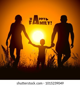 Happy family at sunset. Mother and father holding the child's hands. Vector