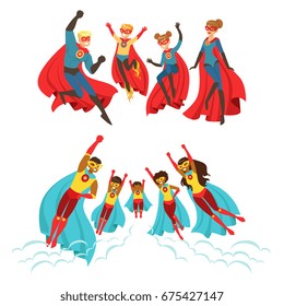 Happy family of superheroes set. Smiling parents and their children dressed as superheroes colorful vector illustrations