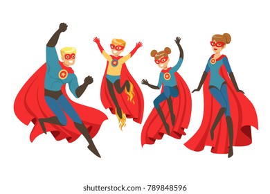 Happy family of superheroes set. Smiling parents and their children dressed as superheroes colorful vector illustrations