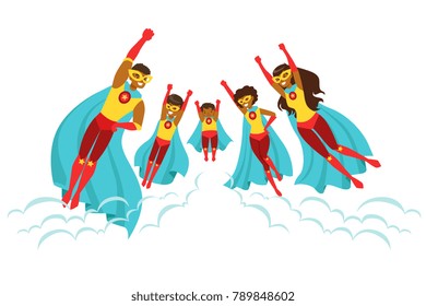 Happy family of superheroes set. Smiling parents and their children dressed as superheroes colorful vector illustrations