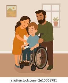 Happy family supporting disabled child in wheelchair. Loving parents embracing son with disability. Concept of care, inclusion, support, and home life.