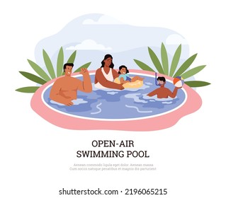 Happy family swim in open air swimming pool, flat vector illustration isolated on white background. Characters of parents and kids enjoying vacation in the pool.