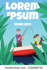 Happy family swimming in the boat and fishing, poster or banner template, flat vector illustration. Father catches fish with his daughter and dog. Summer outdoor activity.
