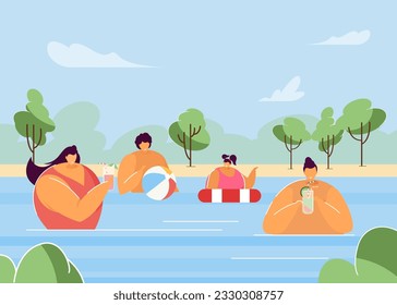 Happy family swimming in pond vector illustration. Father and mother drinking cocktails, children playing ball in water and having fun on beach. Travel, family reunion, tourism concept