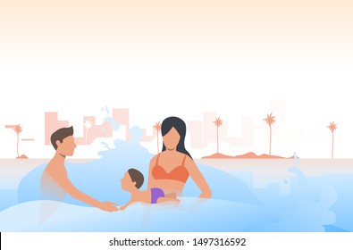 Happy family swimming in sea. Holiday, children, parents, summer. Happy family concept. Vector illustration for website, landing page, online store